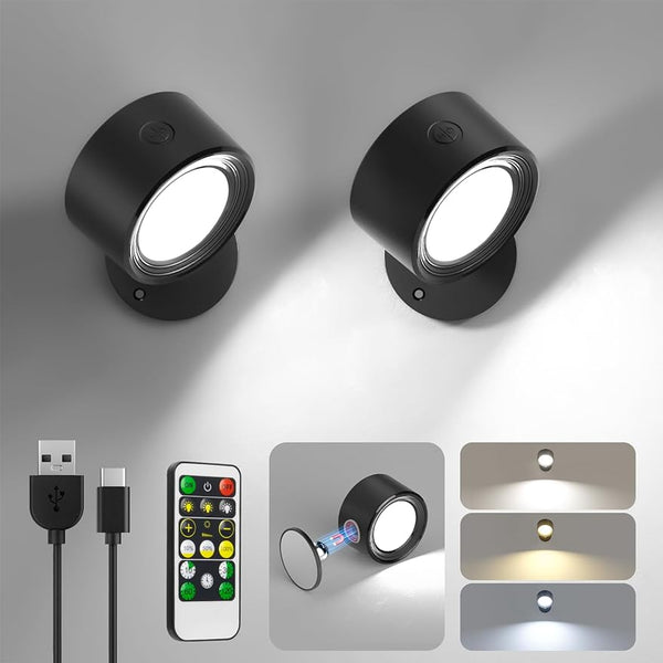 2 Pcs Wall Sconces Lamp with Remote Dimmable Magnetic 360° Rotation Cordless Light for Bedroom Bedside