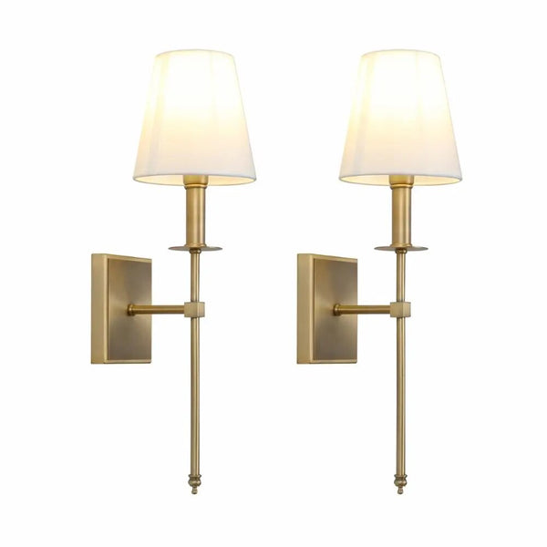 Set of 2 Industrial Wall Sconce Lighting Fixture with Flared White Textile Lamp Shade